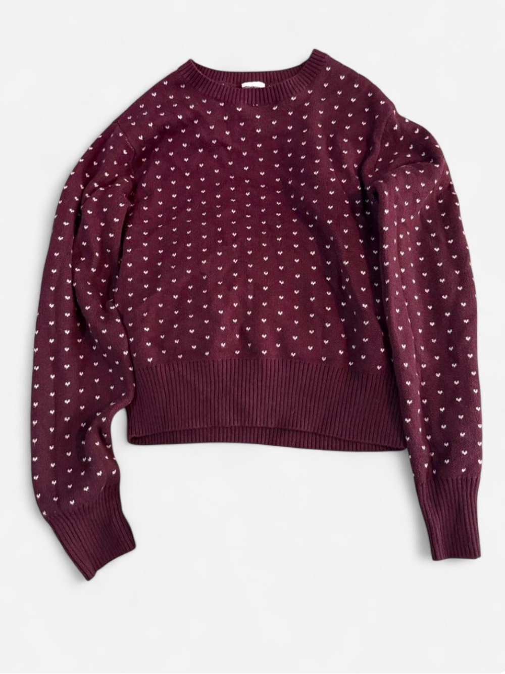 Abercrombie kids Girls Burgundy Crewneck Sweater with Tiny White Heart Pattern
